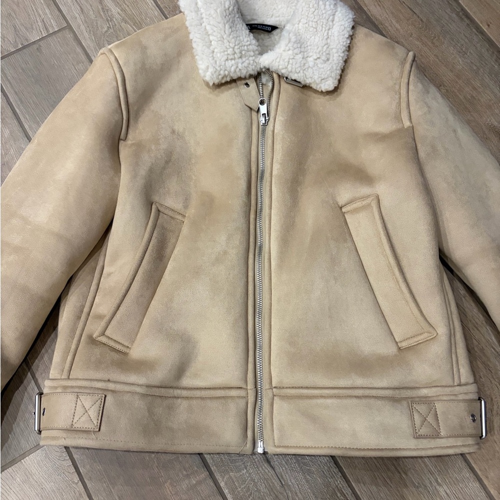 Zara double-faced faux suede jacket featuring a faux shearling collar lining XL - Picture 2 of 7